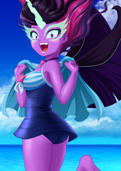 Size: 2894x4093 | Tagged: safe, artist:uotapo, color edit, edit, editor:drakeyc, midnight sparkle, sci-twi, twilight sparkle, better together, equestria girls, friendship games, bare shoulders, barefoot, butt, choker, clothes, colored, cute, fangs, feet, female, glowing horn, horn, jewelry, looking at you, midnight sparklebutt, necklace, one-piece swimsuit, open mouth, patreon, sexy, skin color edit, smiling, solo, swimsuit, towel, twibutt