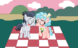 Size: 799x499 | Tagged: safe, artist:drypony198, cozy glow, rumble, pegasus, pony, a better ending for cozy, blushing, colt, cozybetes, cozylove, cute, daaaaaaaaaaaw, eyes closed, female, filly, flower, foal, kissing, male, picnic blanket, romantic, rumblebetes, rumbleglow, shipping, straight