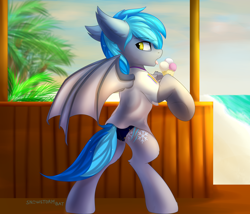 Size: 3500x3000 | Tagged: safe, alternate version, artist:snowstormbat, oc, oc:midnight snowstorm, bat pony, bat pony oc, beach, bipedal, clothes, ear tufts, fangs, food, gay pride flag, ice cream, lgbt, looking back, male, ocean, palm tree, pride, pride flag, sand, shirt, solo, speedo, stallion, standing, swimsuit, tongue out, tree, watermark