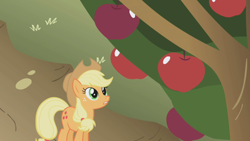 Size: 1280x720 | Tagged: safe, derpibooru import, screencap, applejack, earth pony, pony, applebuck season, apple, apple tree, female, food, mare, solo, tree