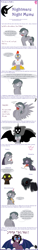 Size: 853x5576 | Tagged: safe, artist:ravenpuff, nightmare moon, oc, oc only, oc:puffy, oc:xeno fodder, bat pony, changeling, pegasus, pony, timber wolf, vampire, vampony, :i, :o, animal costume, bat pony oc, black sclera, blood pack, bone, bust, changelingified, chicken suit, choking, clothes, costume, descriptive noise, dialogue, drinking, ethereal mane, fake horn, fangs, forked tongue, freckles, galaxy mane, glowing eyes, goggles, horse noises, looking up, male, nightmare night symbol, open mouth, pegasus oc, peytral, red eyes, scared, sitting, skeleton, species swap, spread wings, stallion, timber wolfified, tongue out, wings