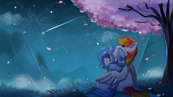 Size: 1920x1080 | Tagged: safe, artist:colorfulcolor233, oc, oc only, pegasus, pony, unicorn, female, hug, male, mare, shooting star, stallion, tree, winghug