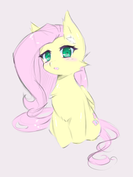 Size: 2560x3412 | Tagged: safe, artist:luna-491, fluttershy, pegasus, pony, blushing, cheek fluff, chest fluff, colored pupils, cute, ear fluff, female, folded wings, gray background, high res, mare, open mouth, shyabetes, simple background, sitting, solo, three quarter view, wings