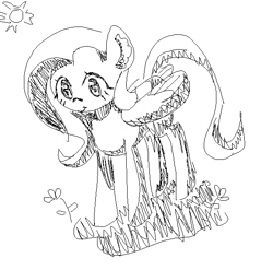 Size: 581x574 | Tagged: safe, artist:anonymous, fluttershy, pegasus, pony, /mlp/, 4chan, drawthread, grass, monochrome, solo, sun