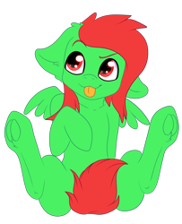 Size: 3444x4238 | Tagged: safe, artist:xavier, oc, oc only, oc:watermelon frenzy, pegasus, pony, floppy ears, hooves, legs in air, male, simple background, sitting, solo, stallion, tongue out, transparent background, wings