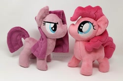 Size: 1500x983 | Tagged: safe, artist:hipsterowlet, pinkie pie, pony, chibi, duality, irl, photo, pinkamena diane pie, plushie, self ponidox