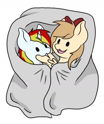 Size: 1836x2190 | Tagged: safe, artist:noxi1_48, oc, oc:qc, pegasus, pony, unicorn, blanket, commission, couple, happy, pegasus oc, unicorn oc, ych result