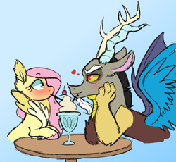 Size: 1884x1736 | Tagged: safe, artist:koloredkat, discord, fluttershy, draconequus, pegasus, pony, blushing, cherry, chest fluff, discoshy, female, food, heart, interspecies, male, mare, milkshake, sharing a drink, shipping, simple background, straight, unshorn fetlocks, wide eyes