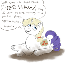 Size: 1089x951 | Tagged: safe, artist:anonymous, rarity, pony, unicorn, simple ways, /mlp/, 4chan, bleached hair, covered cutie mark, disguise, drawthread, mud, solo, speech bubble, tape, text