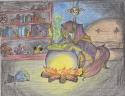 Size: 3322x2550 | Tagged: safe, artist:edhelistar, derpibooru exclusive, discord, oc, oc:belladonna lamia, pony, spider, unicorn, amethyst, bag, berry, book, bookshelf, burning, cauldron, dark room, disguise, ear piercing, eea rulebook, female, fifty shades of grey, fire, food, friendship journal, log, magazine, marble, mare, piercing, playmare, poison joke, popcorn, skull, sofa, song of ice and fire, spider web, steam, teddy bear, traditional art, wall clock