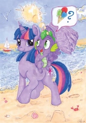 Size: 600x852 | Tagged: safe, artist:thefredricus, spike, twilight sparkle, twilight sparkle (alicorn), alicorn, bird, crab, dragon, pony, seagull, beach, boat, cute, deviantart watermark, dragons riding ponies, duo, female, food, heat, hoofprints, hot, ice cream, ink drawing, lens flare, looking at each other, male, mama twilight, mare, marker drawing, obtrusive watermark, ocean, open mouth, pictogram, pointing, question mark, riding, sandcastle, seashell, smiling, speaking in images, spikabetes, summer, sun, sun glare, sweat, traditional art, twiabetes, walking, watermark, wing umbrella