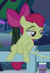 Size: 407x593 | Tagged: safe, screencap, apple bloom, earth pony, pony, going to seed, bow, cropped, female, fence, filly, hair bow, lidded eyes, sitting, smiling, smirk, smug, solo