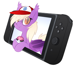 Size: 3658x3251 | Tagged: safe, artist:scarlet-spectrum, oc, oc only, oc:pinkfull night, bat pony, pony, bat pony oc, blushing, cap, female, glasses, hat, looking at you, nintendo switch, pokéball, pokémon, simple background, smiling, smiling at you, solo, teenager, transparent background