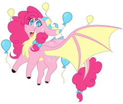 Size: 1900x1600 | Tagged: safe, artist:1joshlerr, derpibooru import, pinkie pie, dragon, balloon, bow, chest fluff, cutie mark, cutie mark on dragon, dragonified, female, hair bow, looking at you, open mouth, pinkiedragon, simple background, slit eyes, smiling, solo, species swap, spread wings, tail bow, transparent background, vector, wings