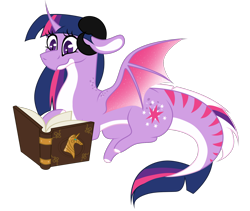 Size: 1900x1600 | Tagged: safe, artist:1joshlerr, twilight sparkle, dragon, book, cutie mark, cutie mark on dragon, dragonified, female, horn, looking down, prone, reading, simple background, slit eyes, smiling, solo, species swap, spread wings, transparent background, twilidragon, vector, wings