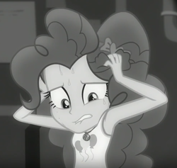 Size: 981x931 | Tagged: safe, screencap, pinkie pie, equestria girls, equestria girls series, rarity investigates: the case of the bedazzled boot, armpits, black and white, cropped, female, geode of sugar bombs, grayscale, hands on head, lip bite, magical geodes, monochrome, nervous, noir, rarity investigates (eqg): pinkie pie, solo, sweat