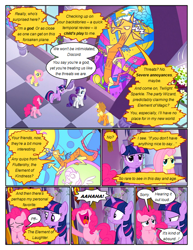 Size: 612x792 | Tagged: safe, artist:newbiespud, derpibooru import, edit, edited screencap, screencap, applejack, discord, fluttershy, pinkie pie, rarity, twilight sparkle, unicorn twilight, draconequus, earth pony, pegasus, pony, unicorn, comic:friendship is dragons, the return of harmony, comic, dialogue, female, frown, hand on hip, hat, laughing, male, mare, open mouth, raised hoof, screencap comic, stained glass, unamused