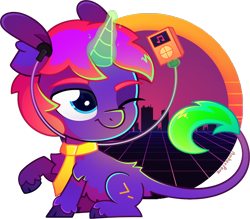 Size: 1426x1247 | Tagged: safe, artist:amberpone, oc, oc only, oc:rhythmic code, pony, unicorn, big head, blue eyes, colorful, cute, digital art, earbuds, eyebrows, fluffy, horn, lighting, looking at something, magic, male, mp3 player, music, necktie, one eye closed, outrun, paint tool sai, ponysona, purple, request, shading, simple background, sitting, smiling, stallion, synthwave, transparent background