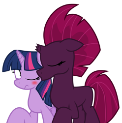 Size: 4535x4568 | Tagged: safe, artist:ejlightning007arts, fizzlepop berrytwist, tempest shadow, twilight sparkle, pony, blushing, confused, cute, eyes closed, female, kissing, lesbian, one eye closed, raised hoof, shipping, simple background, tempestlight, transparent background, vector