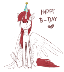 Size: 2302x2604 | Tagged: safe, artist:ratann, oc, oc only, oc:fausticorn, alicorn, pony, cute, faustabetes, happy birthday, happy birthday lauren faust, hat, party hat, sitting, sketch, solo