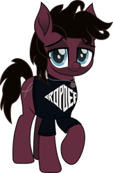 Size: 796x1222 | Tagged: safe, artist:lightningbolt, derpibooru exclusive, pony, .svg available, bring me the horizon, clothes, colored pupils, disguised seapony, drop dead clothing, facial hair, jewelry, jordan fish, lidded eyes, looking at you, male, movie accurate, necklace, ponified, raised hoof, shirt, simple background, smiling, solo, stallion, svg, t-shirt, transparent background, vector