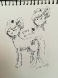 Size: 1488x1984 | Tagged: safe, artist:ratann, nurse redheart, earth pony, pony, eyes closed, hat, monochrome, nurse hat, sketch, solo, traditional art