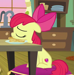 Size: 401x410 | Tagged: safe, screencap, apple bloom, earth pony, pony, going to seed, cropped, eyes closed, female, filly, foal, food, pancakes, sleeping, solo