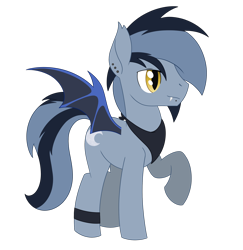 Size: 2124x2186 | Tagged: safe, artist:dyonys, oc, oc:sugar moon, bat pony, pony, bracelet, clothes, ear piercing, jewelry, male, piercing, raised hoof, scarf, show accurate, spread wings, stallion, standing, wings