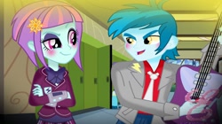 Size: 1280x718 | Tagged: safe, artist:kiwi4578, sunny flare, thunderbass, equestria girls, blushing, canterlot high, female, lidded eyes, looking at each other, male, shipping, straight, thunderflare