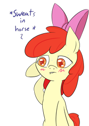 Size: 1000x1414 | Tagged: safe, artist:happy harvey, apple bloom, blushing, bow, drawn on phone, female, filly, hair bow, lip bite, simple background, sweat, sweating profusely, transparent background