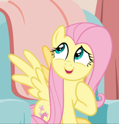 Size: 877x919 | Tagged: safe, screencap, fluttershy, pegasus, pony, discordant harmony, cropped, cute, female, looking back, mare, open mouth, raised hoof, shyabetes, sitting, solo, spread wings, thinking, wings