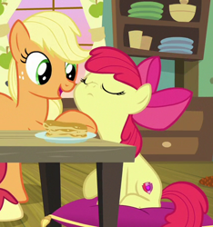 Size: 427x456 | Tagged: safe, derpibooru import, screencap, apple bloom, applejack, earth pony, pony, going to seed, adorabloom, apple sisters, cropped, cute, duo, eyes closed, female, filly, foal, food, mare, pancakes, raised chin, siblings, sisters, sitting