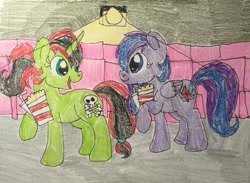 Size: 400x292 | Tagged: safe, oc, oc only, oc:cassie micheals, oc:pony adean, pegasus, unicorn, cinema, drink, food, popcorn, traditional art