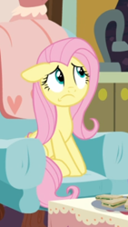 Size: 298x527 | Tagged: safe, screencap, fluttershy, pegasus, pony, discordant harmony, chair, cropped, female, floppy ears, mare, sitting, solo