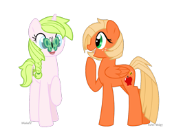 Size: 1041x787 | Tagged: safe, artist:faith-wolff, oc, oc:anthea, oc:applebee, butterfly, pegasus, pony, unicorn, adopted offspring, blind, duo, freckles, hoof on chin, interdimensional siblings, kilalaverse, next generation, offspring, parent:big macintosh, parent:fluttershy, parent:oc:azalea, parent:oc:berry vine, parents:fluttermac, parents:oc x oc, raised hoof, simple background, transparent background