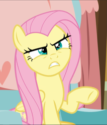 Size: 801x940 | Tagged: safe, screencap, fluttershy, pegasus, pony, discordant harmony, cropped, female, fluttershy is not amused, mare, narrowed eyes, raised hoof, sitting, solo, unamused, underhoof