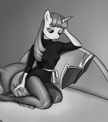 Size: 2635x2962 | Tagged: safe, artist:resurgam_snova, twilight sparkle, unicorn twilight, anthro, unicorn, book, clothes, female, kneeling, levitation, magic, mare, monochrome, reading, sofa, solo, telekinesis