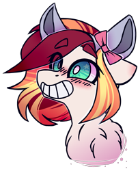 Size: 1565x1905 | Tagged: safe, artist:mcwolfity, oc, oc only, earth pony, pony, blushing, bow, bust, cat ears, chest fluff, earth pony oc, eye clipping through hair, grin, grinning potato, hair bow, hair over one eye, headband, simple background, smiling, transparent background