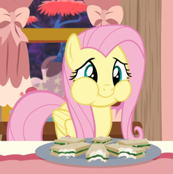 Size: 877x884 | Tagged: safe, screencap, fluttershy, pegasus, pony, discordant harmony, cheek bulge, cropped, cute, female, food, full mouth, mare, plate, puffy cheeks, sandwich, shyabetes, smiling, solo