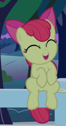 Size: 389x736 | Tagged: safe, screencap, apple bloom, going to seed, adorabloom, cropped, cute, eyes closed, fence, open mouth, sitting, solo