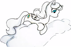 Size: 2970x1968 | Tagged: safe, artist:mengchiao, princess tiffany, pegasus, pony, g1, cloud, female, g1 to g4, generation leap, looking down, mare, on a cloud, solo