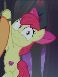 Size: 721x943 | Tagged: safe, screencap, apple bloom, going to seed, cropped, scared, solo, tied up, wavy mouth