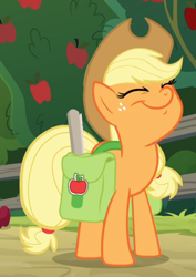 Size: 560x792 | Tagged: safe, screencap, applejack, earth pony, pony, going to seed, bag, cropped, cute, eyes closed, faic, jackabetes, saddle bag, smiling, solo