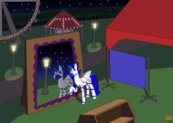 Size: 3506x2481 | Tagged: safe, artist:vol_audacity, oc, oc:fifty percent, pegasus, pony, carpet, ferris wheel, lamp, magic mirror, night, shelf