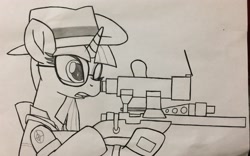 Size: 3180x1980 | Tagged: safe, artist:ejlightning007arts, twilight sparkle, crossover, gun, hand drawing, hat, open mouth, rifle, sniper, sniper rifle, sunglasses, team fortress 2, traditional art, twilight sniper, weapon