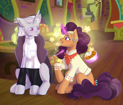 Size: 3460x2962 | Tagged: safe, artist:djkaskan, saffron masala, zesty gourmand, pony, unicorn, clothes, food, kurta, restaurant, the tasty treat