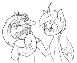 Size: 600x489 | Tagged: safe, artist:abbystarling, oc, oc only, alicorn, bat pony, bat pony alicorn, pony, unicorn, anxiety, curved horn, duo, female, flower, flower in hair, glasses, horn, lineart, male, mare, monochrome, nervous, open mouth, paper bag, stallion, sweatdrop, unicorn oc