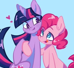 Size: 1080x997 | Tagged: safe, artist:luluneusa, pinkie pie, twilight sparkle, unicorn twilight, earth pony, pony, unicorn, blue background, female, heart, lesbian, looking at each other, mare, shipping, simple background, twinkie