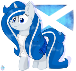 Size: 1793x1664 | Tagged: safe, artist:rainbow eevee, oc, oc only, oc:balmoral, pony, unicorn, blue eyes, cheek fluff, clothes, cute, female, flag, kilt, scotland, simple background, smiling, solo, sweater, transparent background