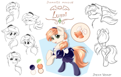 Size: 5500x3500 | Tagged: safe, artist:dreamweaverpony, oc, oc only, oc:lumi, pony, unicorn, beautiful, blushing, cheek fluff, clothes, color palette, cute, expressions, eyelashes, eyes closed, female, fluffy, freckles, grin, hooves in air, looking at you, maid, maid headdress, mare, neck fluff, on side, profile, raised hoof, raised hooves, rear view, rearing, reference sheet, sketch, smiling, socks, solo, surprised, tied, tongue out